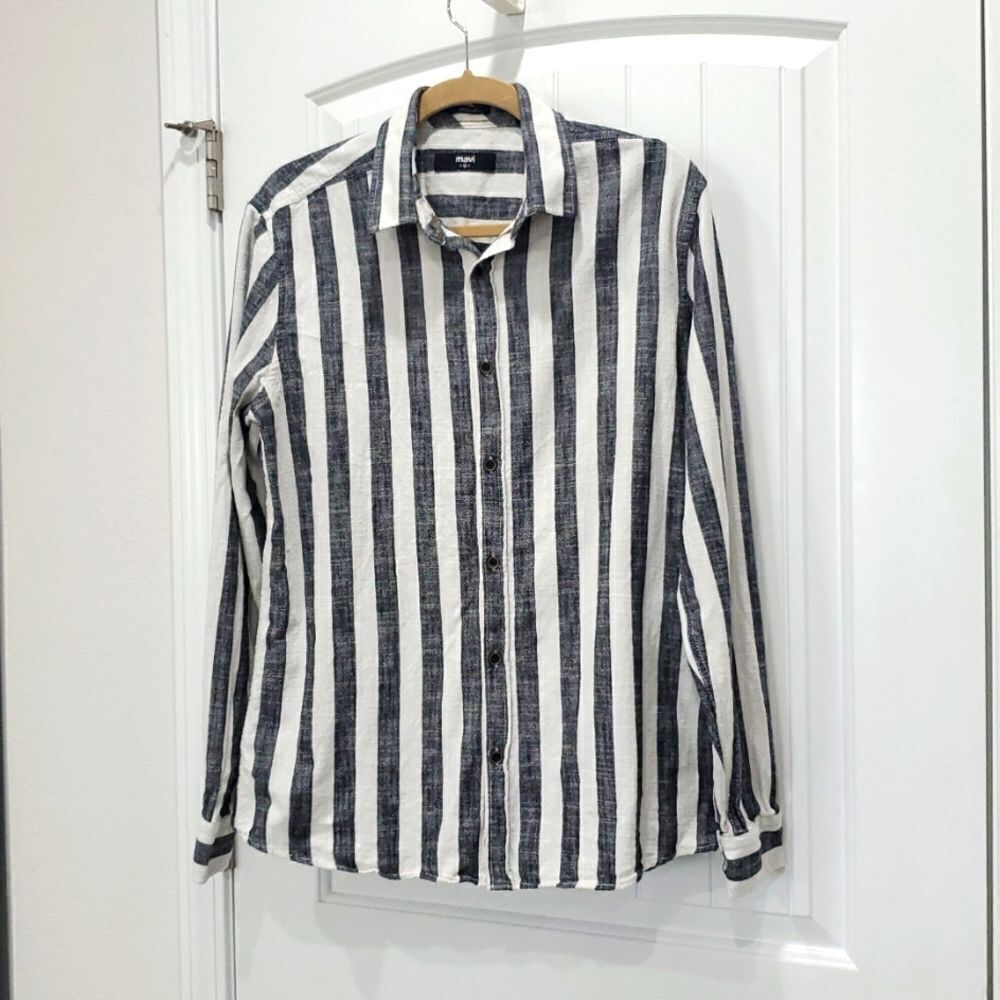 Mavi Mens 100% Cotton Long Sleeve Stripe Shirt, Size Medium